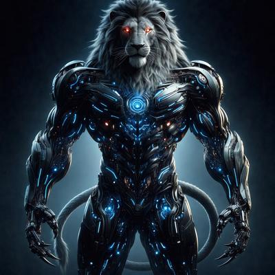 Primary subject: A lion with a mechanical body.

Setting/background: A dark background.

Visual style: Digital art.

Colors and mood: The lion has a blue and silver color scheme, giving it a futuristic and robotic appearance. The overall mood is intense and powerful.